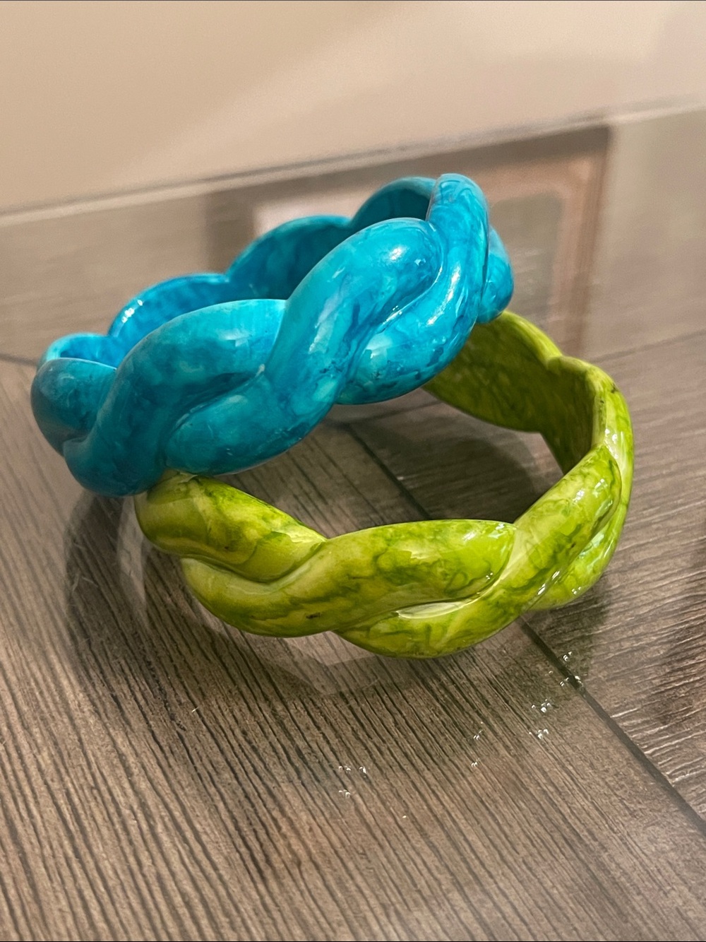 Vintage Chunky Glazed Twisted Acrylic Bangle Bracelets Turquoise & Lime Green